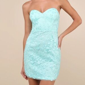 Teal Floral Embroidered Strapless Dress